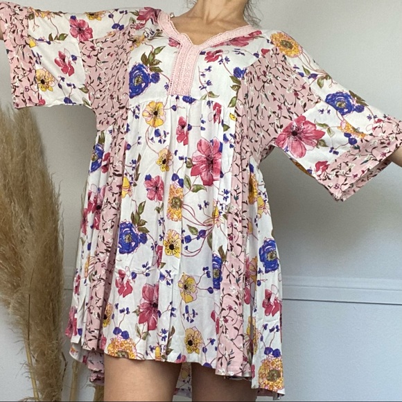 NWT Boho Mixed Floral Print Babydoll  Lace Mini Dress Patch Ivory Blush Summer - Picture 12 of 16